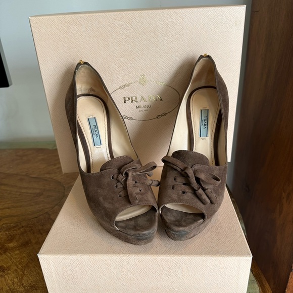 Prada Shoes - Prada Brown Suede Peep-Toe Lace-Up Platform Heels 9 9.5 EU 39.5